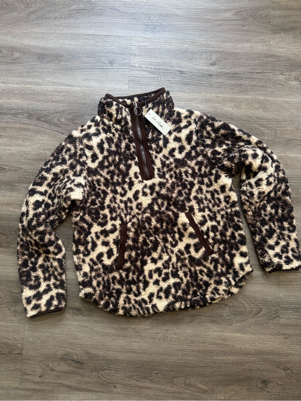 NWT Leopard Print Sherpa Pullover - Brown/Cream Le Moda S Quarter Zip